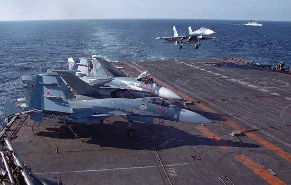 Картинка истребитель, палубный, Су-33, ВМФ России, посадка на палубу
