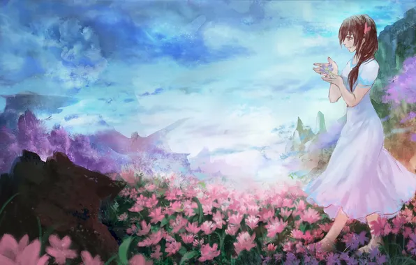 Картинка небо, девушка, облака, цветы, горы, природа, аниме, арт