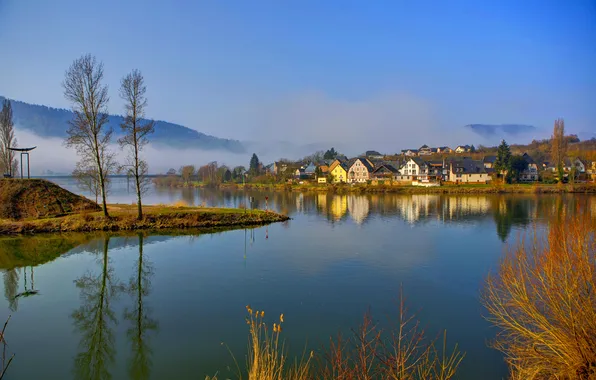 Картинка горы, город, туман, река, фото, Германия, Sinsheim