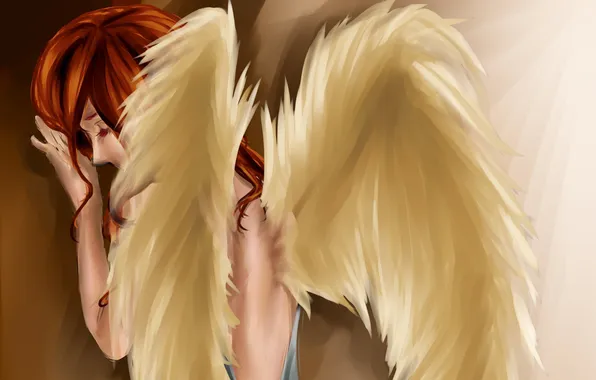 Волосы, спина, крылья, ангел, перья, руки, арт, живопись