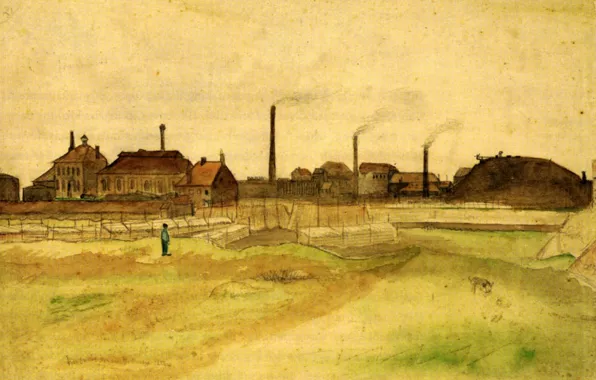 Картинка дома, собака, заводы, парень, Vincent van Gogh, Coalmine, in the Borinage