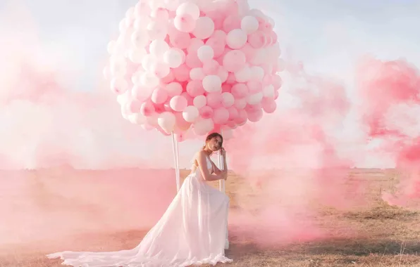 Картинка небо, девушка, воздушные шары, дым, краска, Jovana Rikalo