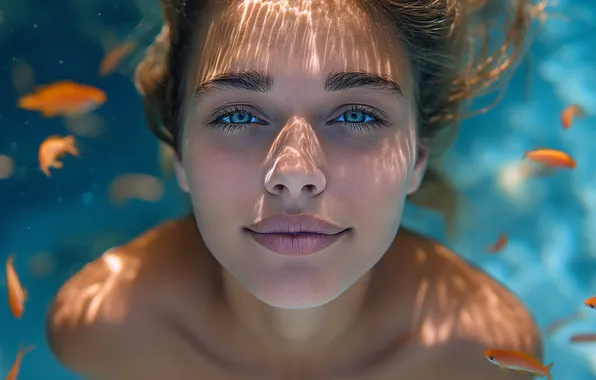 Море, лето, взгляд, вода, девушка, свет, рыбки, лицо