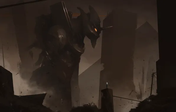 Город, робот, разрушение, руины, anime, art, Evangelion, eva unit 1