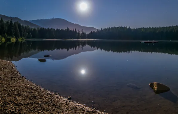 Лес, горы, ночь, озеро, луна, Канада, Canada, British Columbia