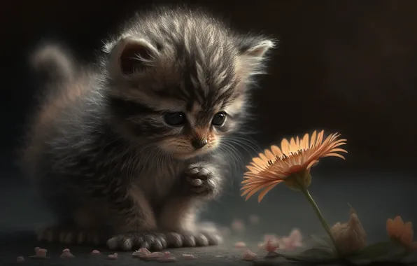 Кошка, цветок, свет, поза, темный фон, котенок, серый, графика