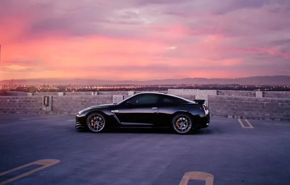 Картинка GTR, Nissan, Car, Wall, Black, Sunset, Side, Tuning