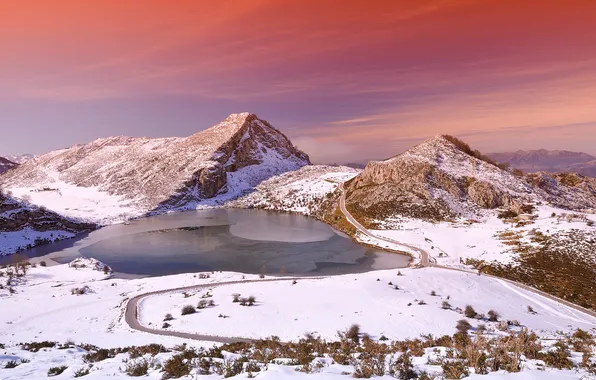 Зима, горы, озеро, вечер, Испания, провинция, Астурия, Enol lake
