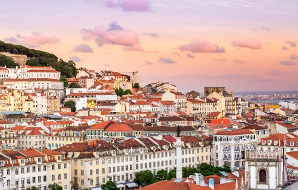 Картинка небо, дома, склон, Португалия, Лиссабон