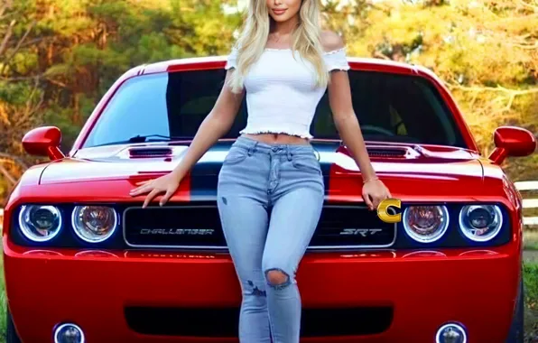 Девушки, Dodge, Красивая Девушка, красный авто, позирует над машиной