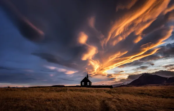 Небо, облака, горы, вечер, церковь, храм, Исландия