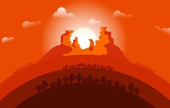 Закат, Солнце, Минимализм, Пустыня, Кактусы, Landscape, Concept Art, Кактус