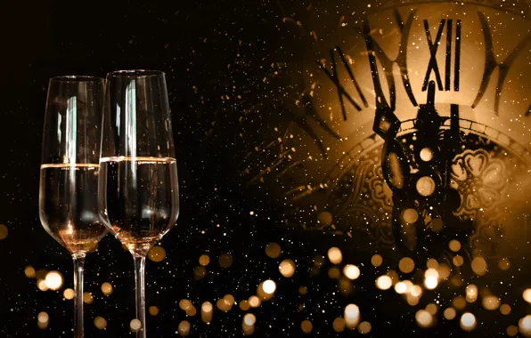 Ночь, часы, бокал, елка, новый год, шампанское, 2018, New Year