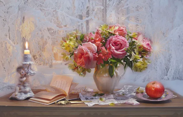 Картинка цветы, стиль, яблоко, розы, букет, книга, натюрморт, подсвечник