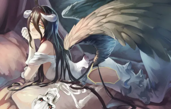 Девушка, крылья, рога, Overlord, anime, art, albedo