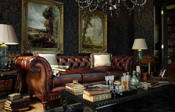 Living room, table, lamps, books, leather sofa, painted pictures