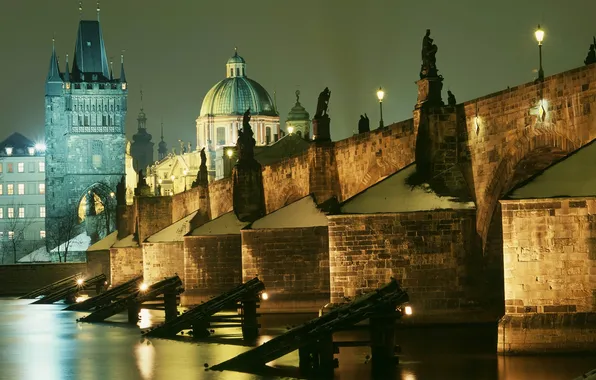 Ночь, огни, река, Прага, Чехия, Влтава, Карлов мост