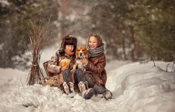 Картинка девочка, собака, дети, зима, Елена Чернигина, мальчик