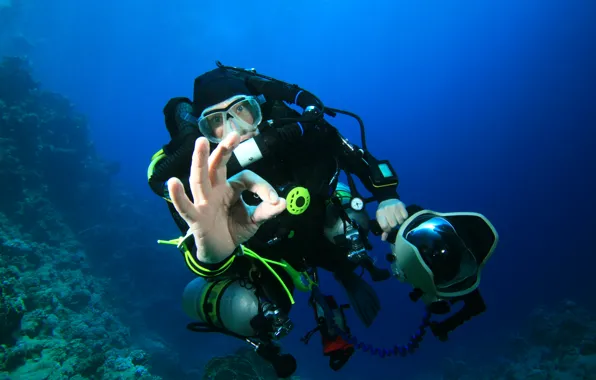 Man, diving, snorkeling gear