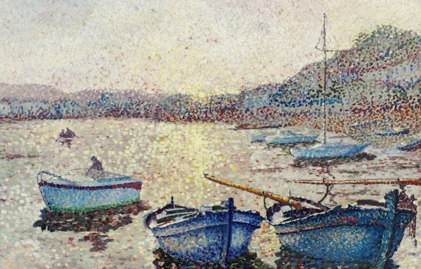 Море, лодки, пуантилизм, Yvonne Canu, Ивонн Кану, Гавань. Закат
