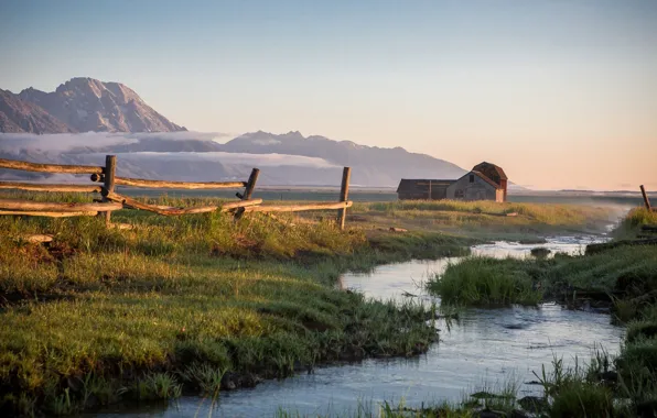 Grass, Nature, river, sky, field, landscape, mountains, clouds