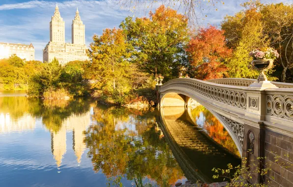 Осень, мост, озеро, Нью-Йорк, США, Центральный парк