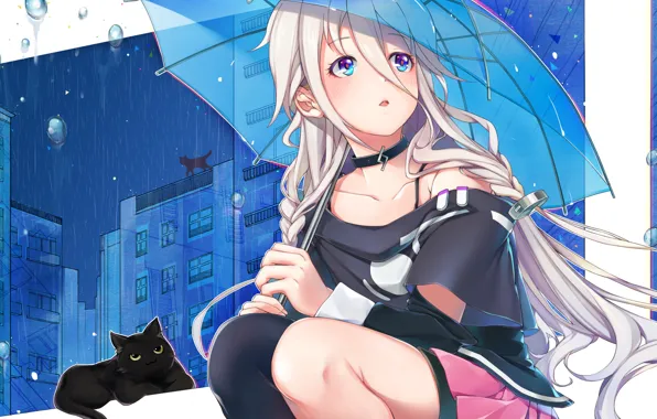 Картинка девушка, город, дождь, коты, дома, зонт, аниме, арт