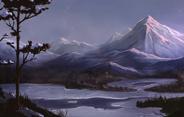 Картинка деревья, горы, ночь, река, арт, нарисованный пейзаж
