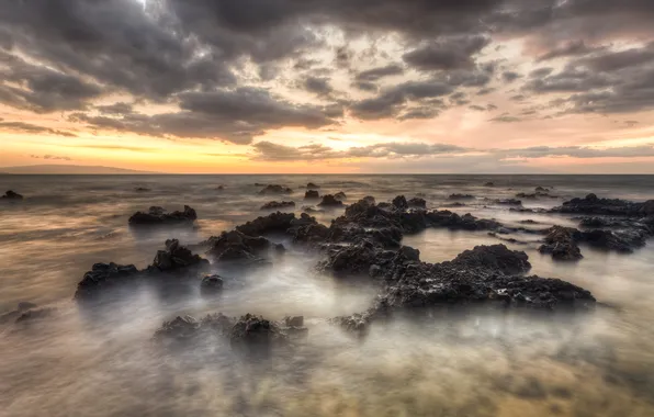 Картинка небо, облака, закат, камни, океан, горизонт, Гавайи, hawaii