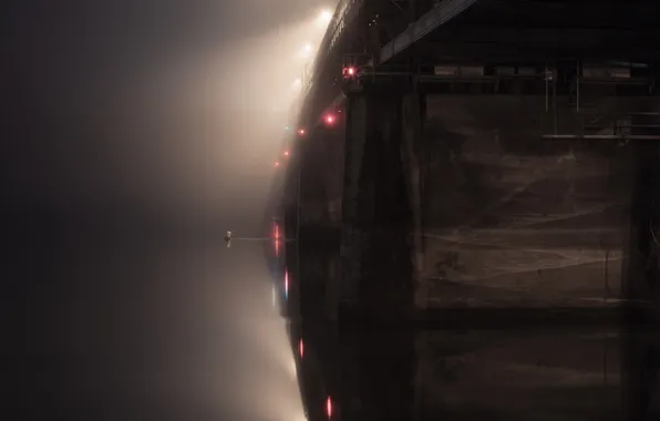 Картинка ночь, мост, туман, река