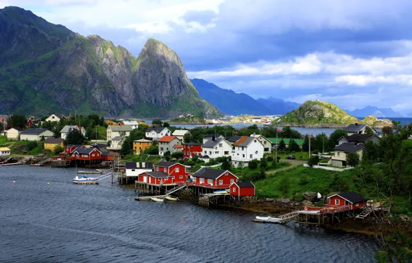Картинка море, пейзаж, горы, природа, дома, деревня, Норвегия, Лофотенские острова