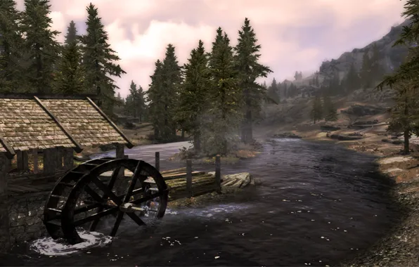 Деревья, река, skyrim, лесопилка