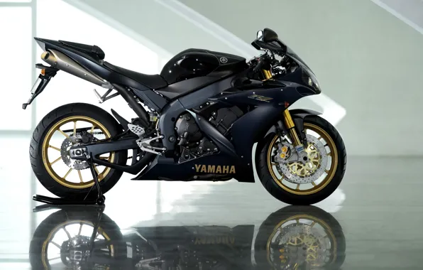 Отражение, чёрный, мотоцикл, Yamaha, black, ямаха, YZF-R1