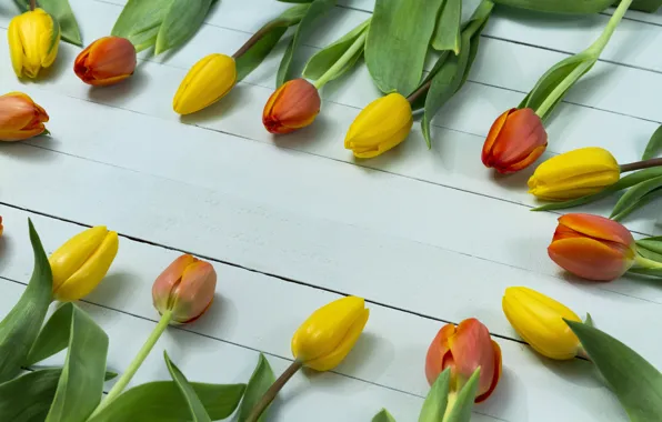 Картинка цветы, тюльпаны, yellow, wood, tulips, orange, decorative