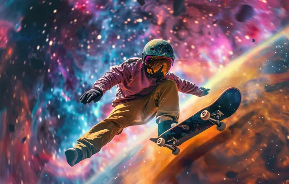 Space, planets, astronaut, skateboarding