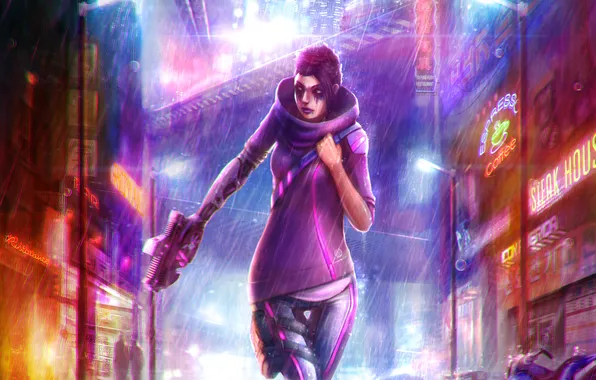 Картинка девушка, город, пистолет, дождь, улица, art, cyberpunk