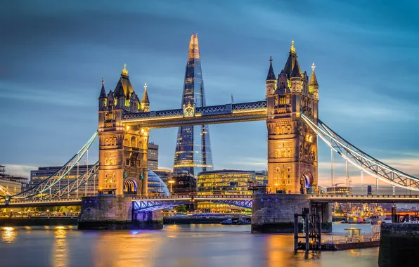 Картинка небо, мост, река, Англия, Лондон, башня, Shard
