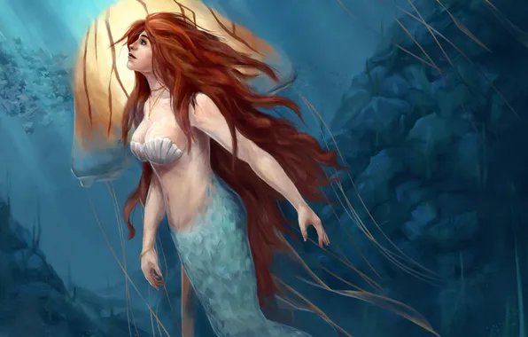 Картинка русалка, медуза, подводный мир, mermaid