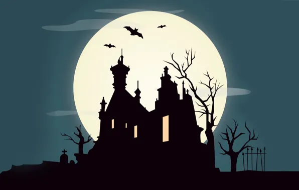 Картинка деревья, замок, vector, октябрь, летучая мышь, ужас, horror, векторные