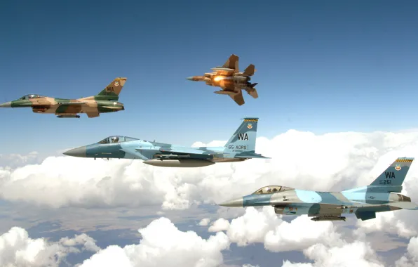 Полет, самолет, истребитель, в небе, F-15 Eagles, F-16 Fighting Falcons