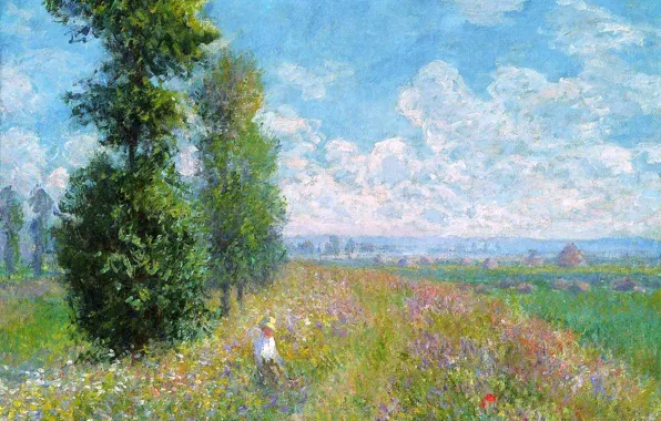 Картинка поле, небо, трава, облака, деревья, пейзаж, цветы, картина