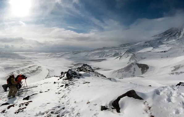 Отдых, горы, снег, спуск, спорт, большой размер, панорама, природа