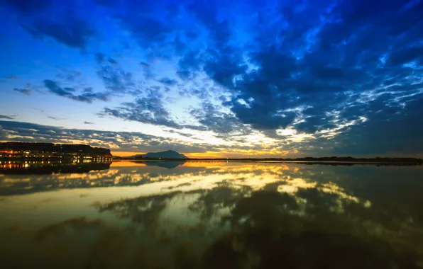Картинка sunrise, отражение, landscape, reflection, вода, солнце, sky, облака