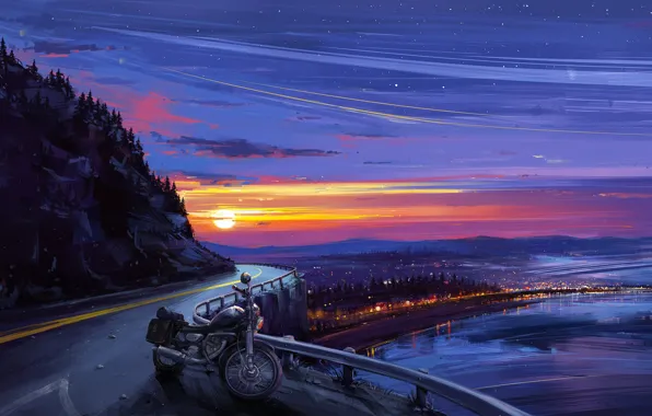 Картинка city, lights, rock, twilight, road, sky, sea, landscape