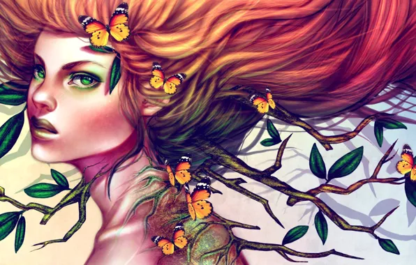 Картинка взгляд, листья, девушка, бабочки, ветки, волосы, арт, рыжая
