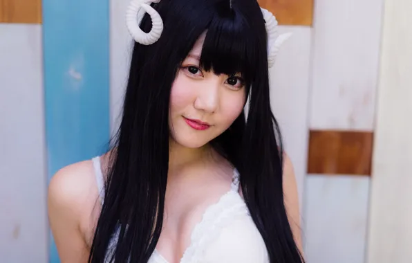 Girl, sexy, cleavage, blouse, horns, long hair, boobs, smile