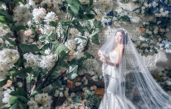 Цветы, стиль, модель, азиатка, невеста, фата, свадебное платье
