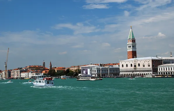 Картинка небо, катер, Италия, Венеция, канал, дворец дожей, камнанила