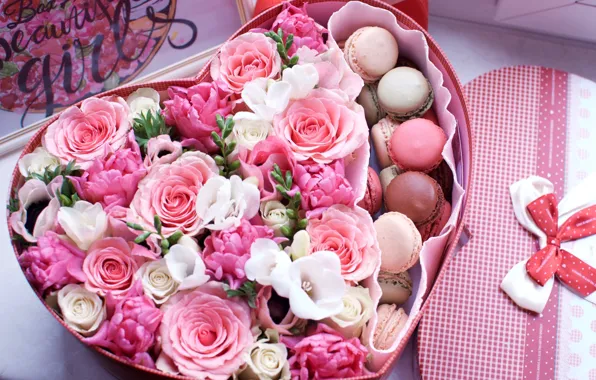 Цветы, коробка, подарок, сердце, розы, День святого Валентина, фрезии, макаруны