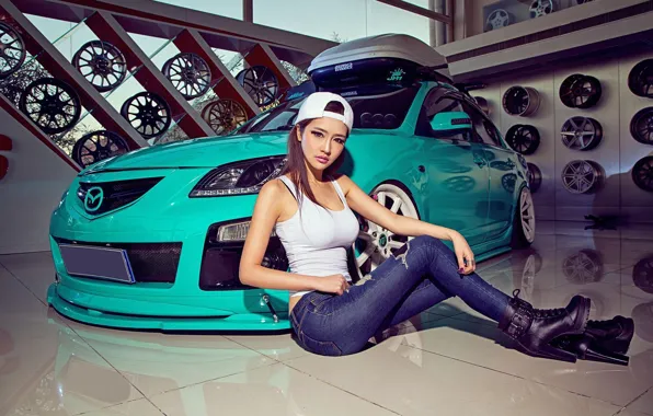 Авто, взгляд, Девушки, Mazda, красивая девушка, позирует над машиной, азиака
